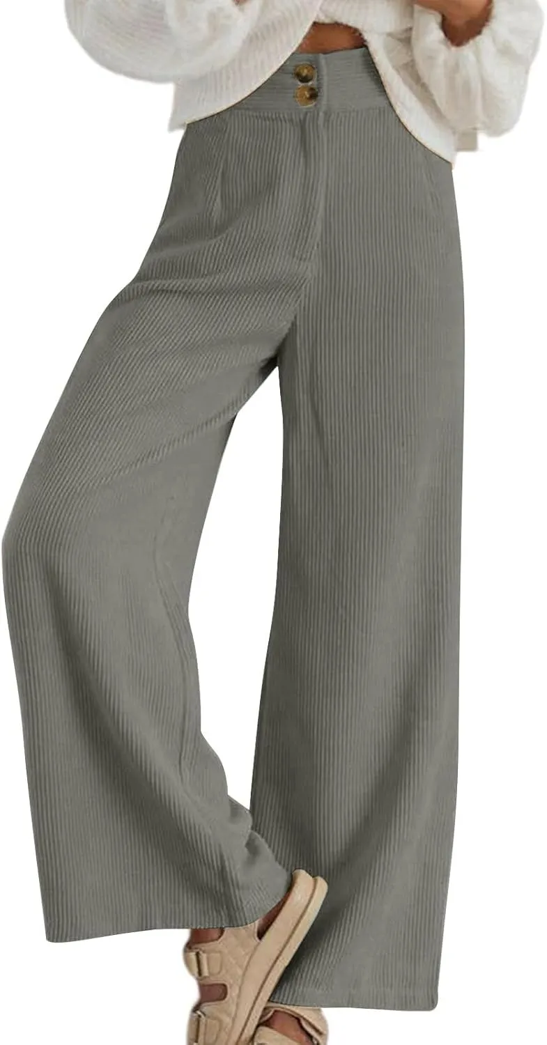 Corduroy Pants Women High Waisted Wide Leg Pants Business Casual Fall Winter Straight Loose Lounge Pants w/Pockets