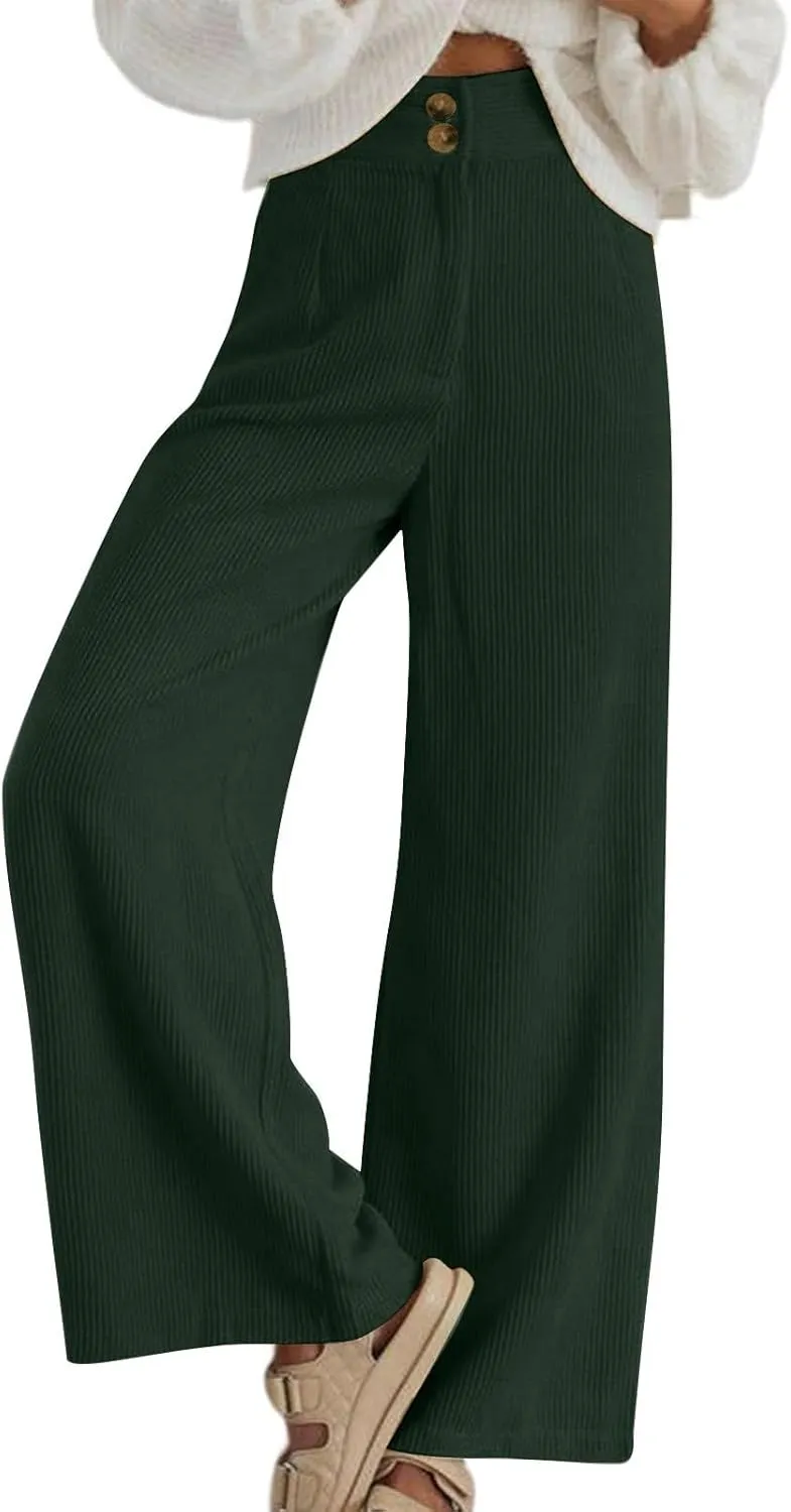 Corduroy Pants Women High Waisted Wide Leg Pants Business Casual Fall Winter Straight Loose Lounge Pants w/Pockets
