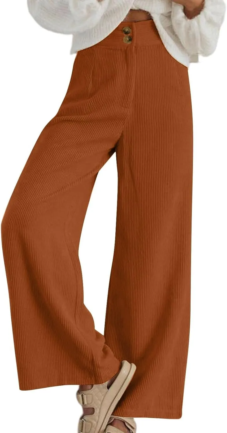 Corduroy Pants Women High Waisted Wide Leg Pants Business Casual Fall Winter Straight Loose Lounge Pants w/Pockets
