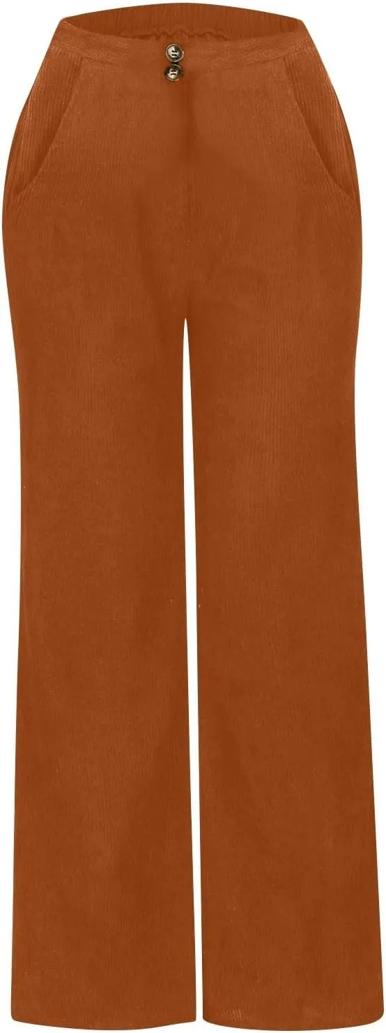 Corduroy Pants Women High Waisted Wide Leg Pants Business Casual Fall Winter Straight Loose Lounge Pants w/Pockets