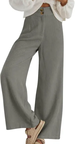Corduroy Pants Women High Waisted Wide Leg Pants Business Casual Fall Winter Straight Loose Lounge Pants w/Pockets