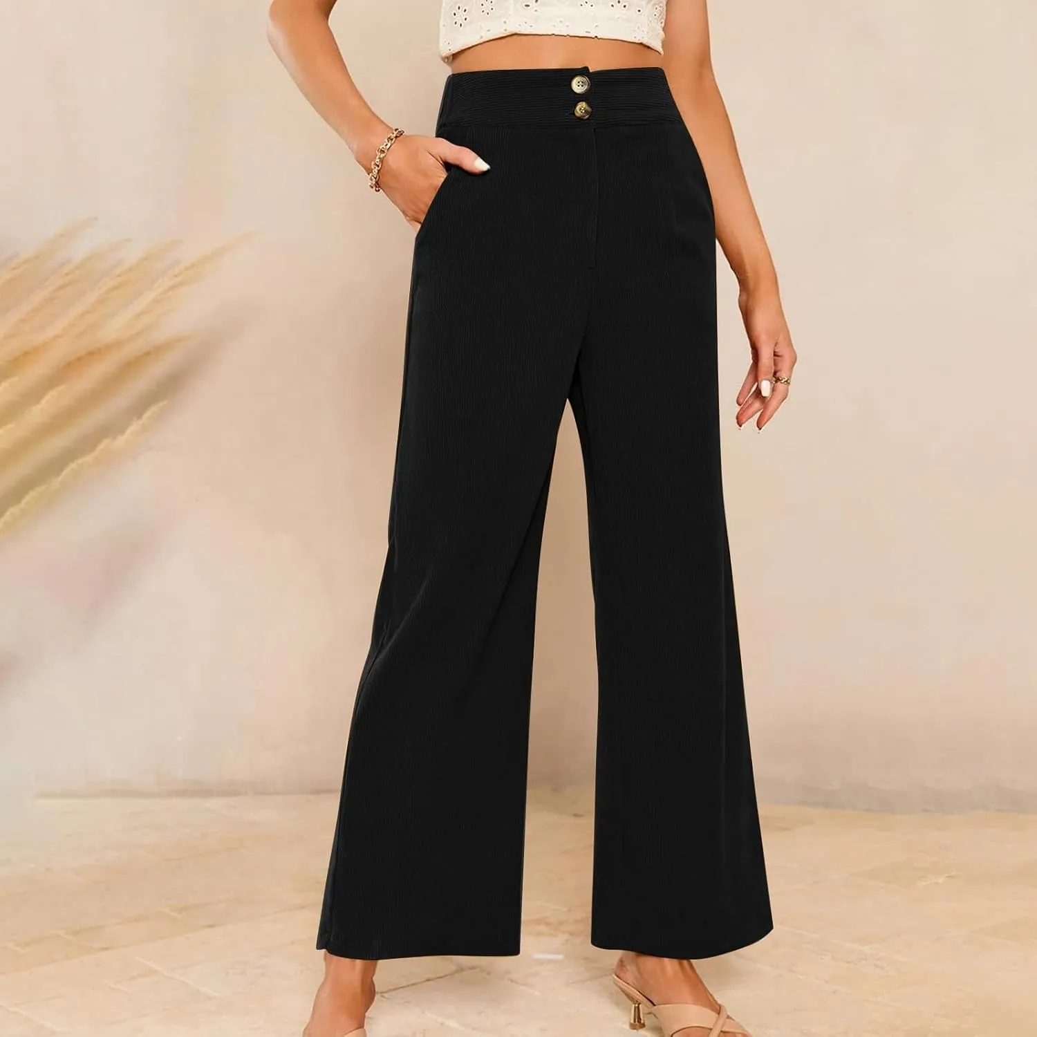 Corduroy Pants Women High Waisted Wide Leg Pants Business Casual Fall Winter Straight Loose Lounge Pants w/Pockets