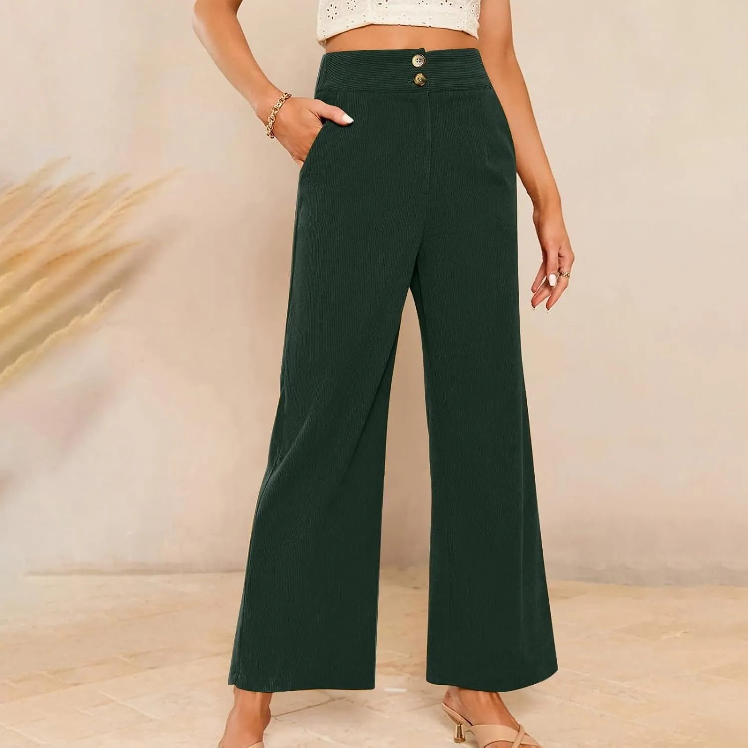 Corduroy Pants Women High Waisted Wide Leg Pants Business Casual Fall Winter Straight Loose Lounge Pants w/Pockets