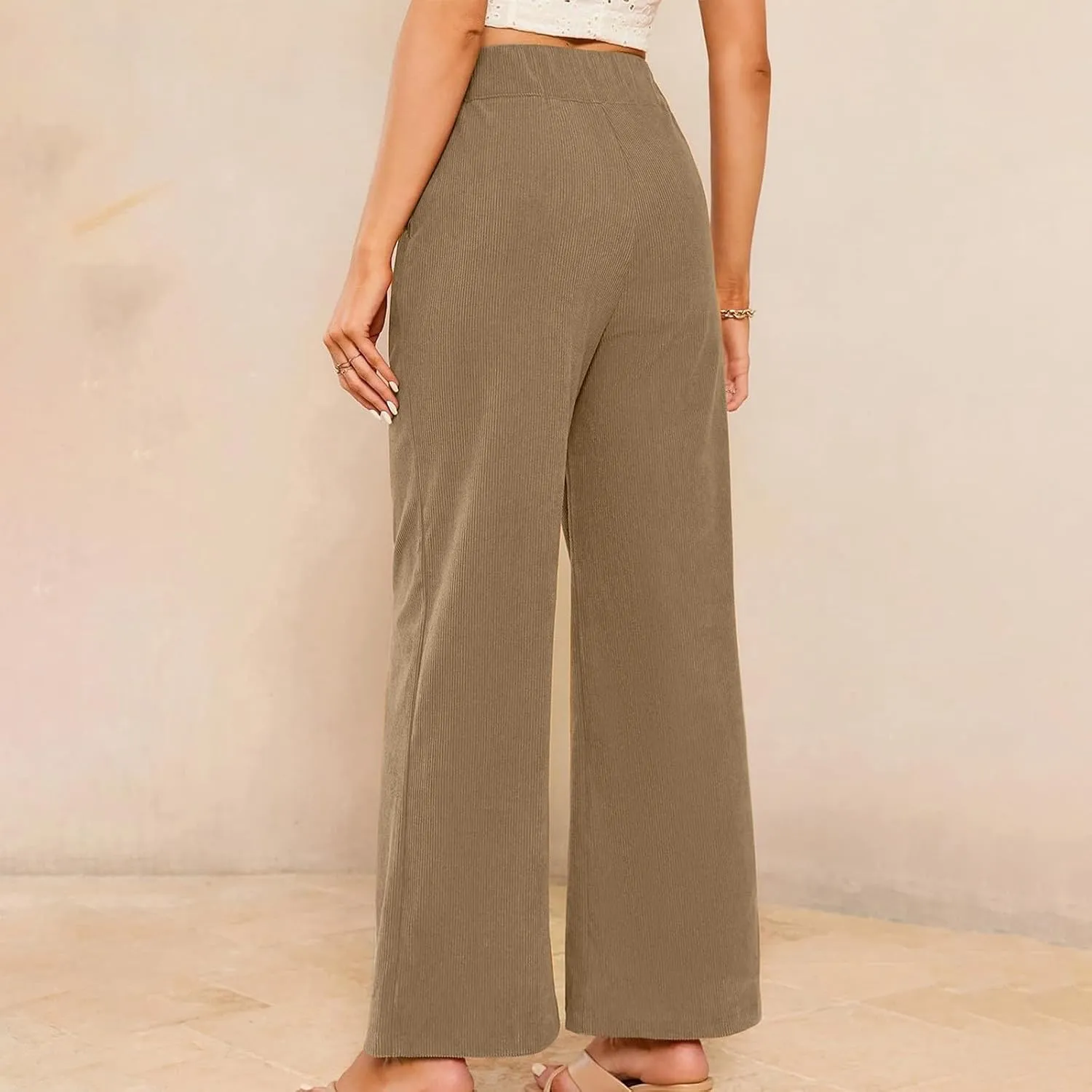 Corduroy Pants Women High Waisted Wide Leg Pants Business Casual Fall Winter Straight Loose Lounge Pants w/Pockets