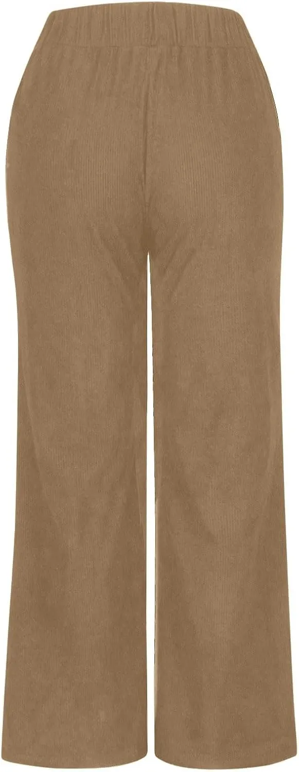 Corduroy Pants Women High Waisted Wide Leg Pants Business Casual Fall Winter Straight Loose Lounge Pants w/Pockets