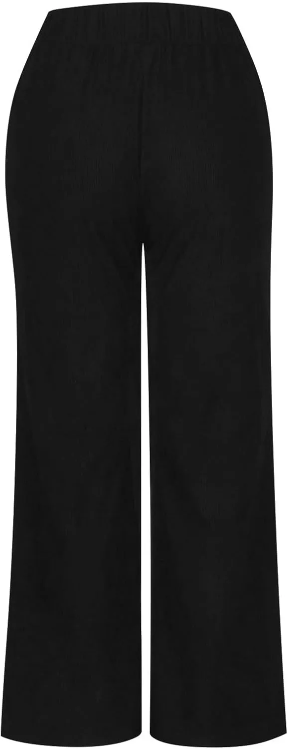 Corduroy Pants Women High Waisted Wide Leg Pants Business Casual Fall Winter Straight Loose Lounge Pants w/Pockets