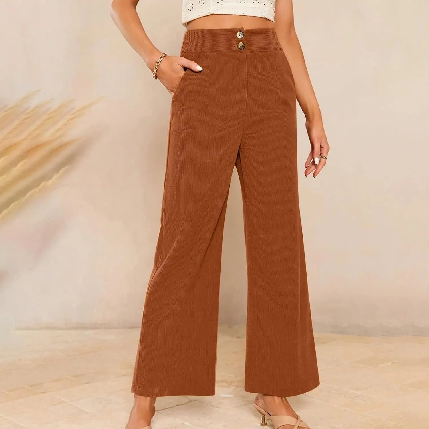 Corduroy Pants Women High Waisted Wide Leg Pants Business Casual Fall Winter Straight Loose Lounge Pants w/Pockets