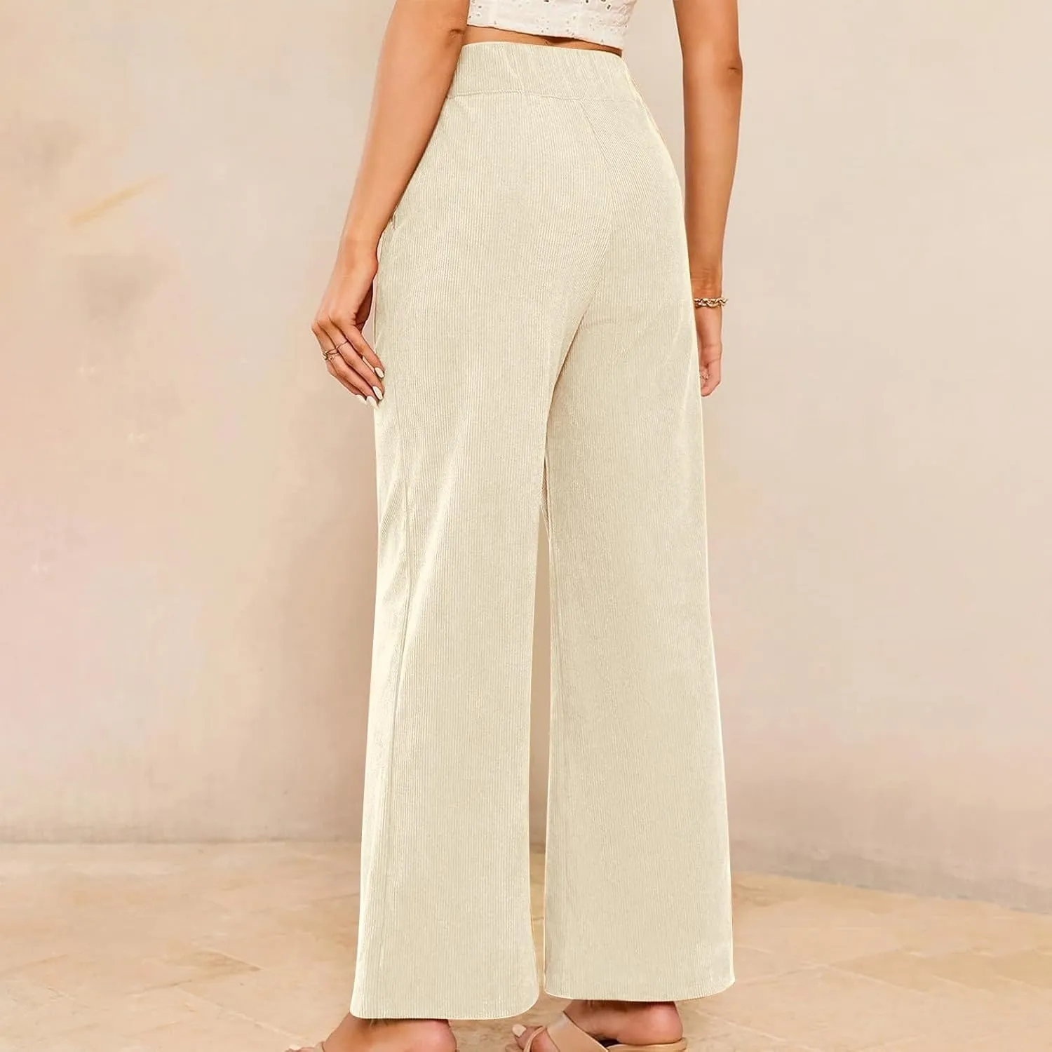 Corduroy Pants Women High Waisted Wide Leg Pants Business Casual Fall Winter Straight Loose Lounge Pants w/Pockets
