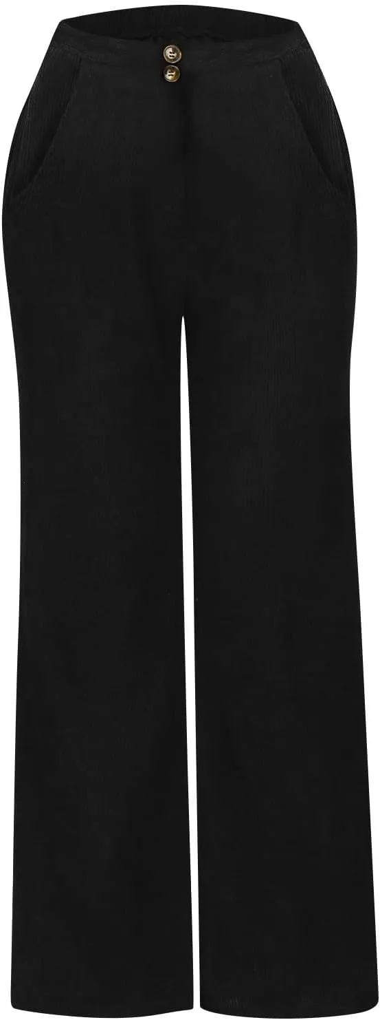 Corduroy Pants Women High Waisted Wide Leg Pants Business Casual Fall Winter Straight Loose Lounge Pants w/Pockets