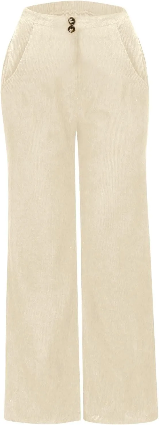 Corduroy Pants Women High Waisted Wide Leg Pants Business Casual Fall Winter Straight Loose Lounge Pants w/Pockets