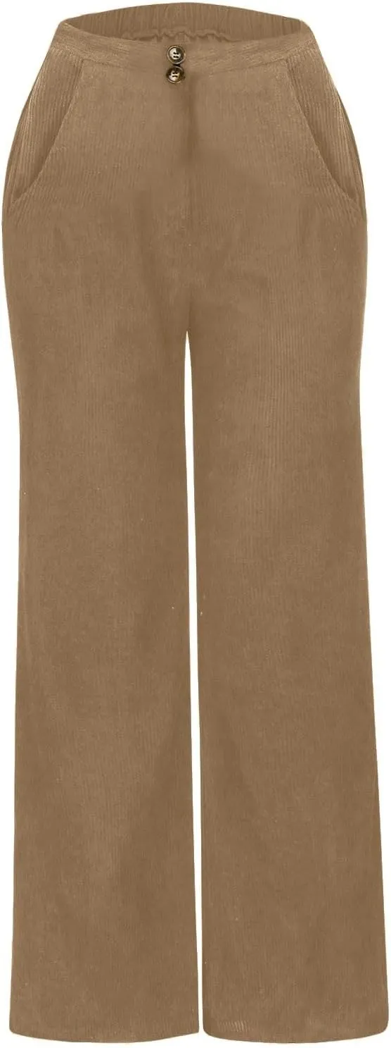 Corduroy Pants Women High Waisted Wide Leg Pants Business Casual Fall Winter Straight Loose Lounge Pants w/Pockets