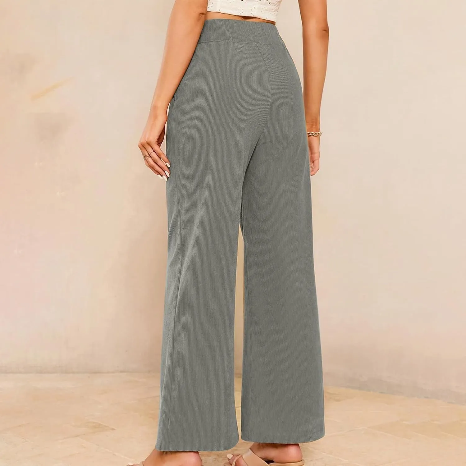 Corduroy Pants Women High Waisted Wide Leg Pants Business Casual Fall Winter Straight Loose Lounge Pants w/Pockets