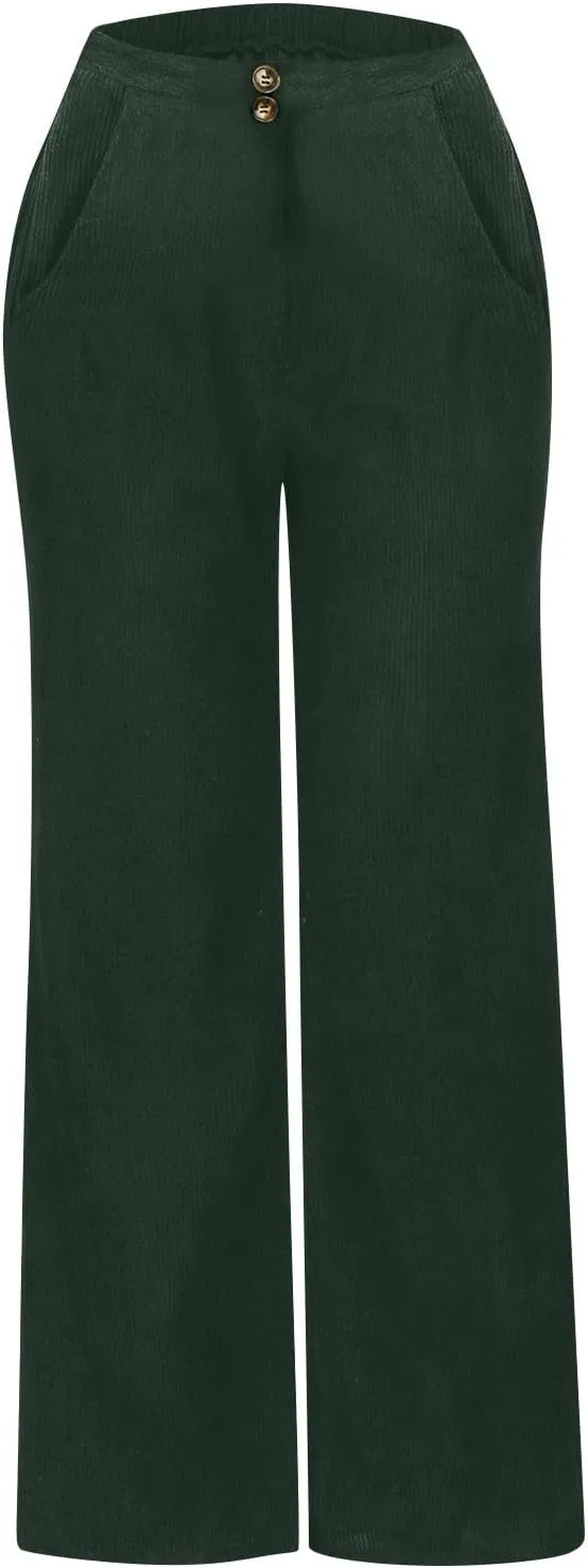 Corduroy Pants Women High Waisted Wide Leg Pants Business Casual Fall Winter Straight Loose Lounge Pants w/Pockets