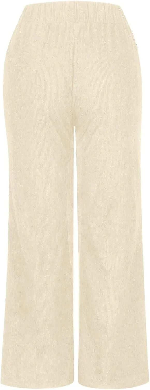 Corduroy Pants Women High Waisted Wide Leg Pants Business Casual Fall Winter Straight Loose Lounge Pants w/Pockets