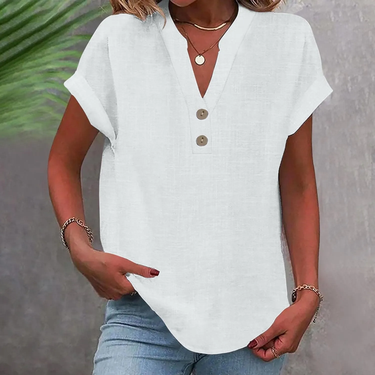 Cotton Linen Cap Sleeve T Shirts for Women V Neck Button Down Shirts Summer Blouses 2025 Trendy Solid Cute Tshirts