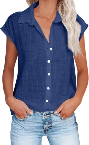 Cotton Linen Cap Sleeve T Shirts for Women V Neck Button Down Shirts Summer Blouses 2025 Trendy Solid Cute Tshirts