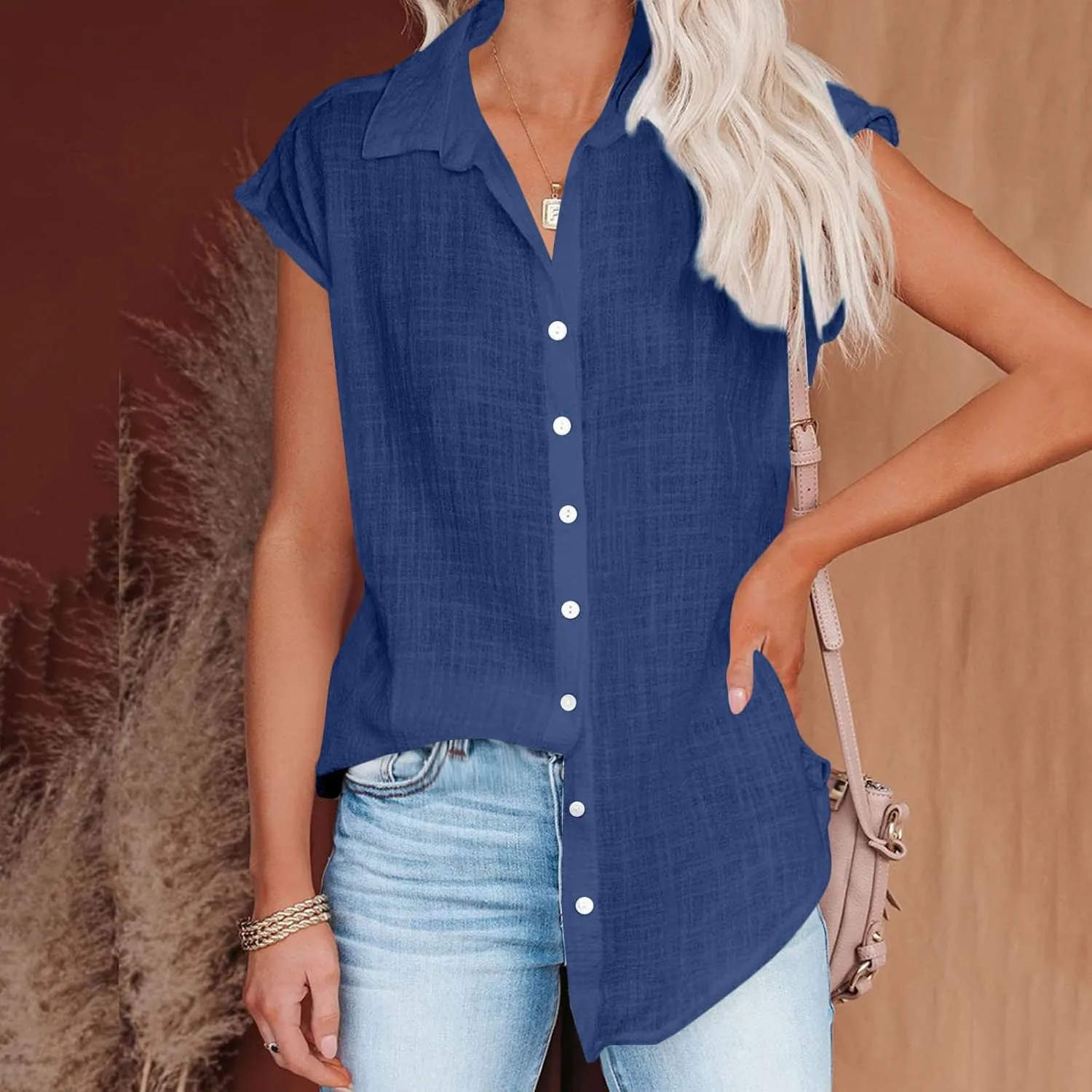 Cotton Linen Cap Sleeve T Shirts for Women V Neck Button Down Shirts Summer Blouses 2025 Trendy Solid Cute Tshirts