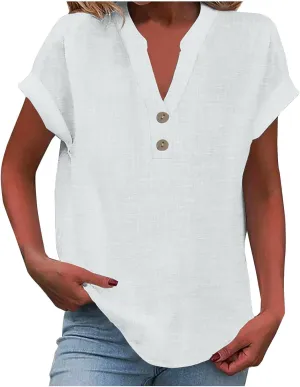 Cotton Linen Cap Sleeve T Shirts for Women V Neck Button Down Shirts Summer Blouses 2025 Trendy Solid Cute Tshirts
