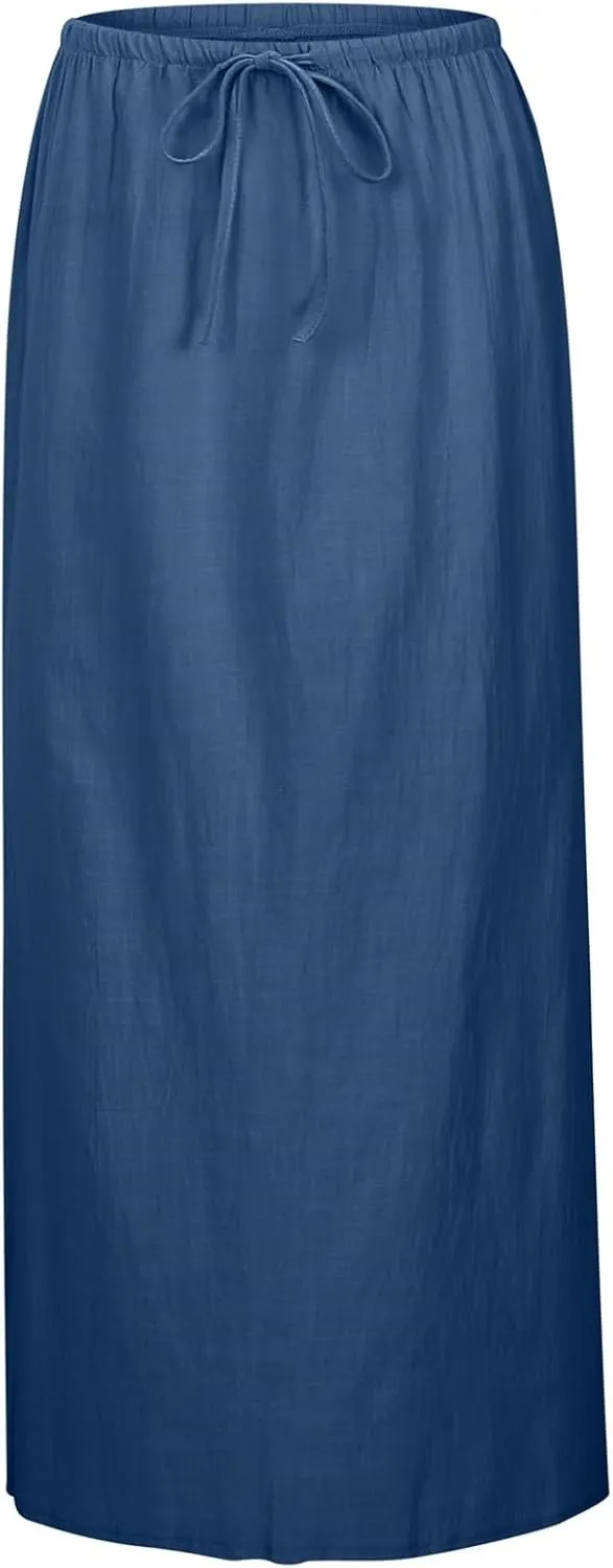 Cotton Linen Maxi Skirts for Women 2025 Summer Drawstring Low Rise A-Line Skirts Casual Loose Flowy Long Beach Skirt