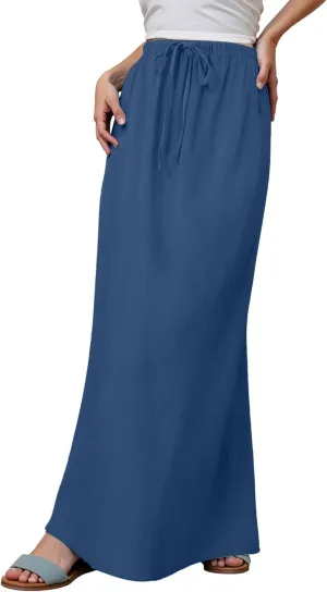 Cotton Linen Maxi Skirts for Women 2025 Summer Drawstring Low Rise A-Line Skirts Casual Loose Flowy Long Beach Skirt