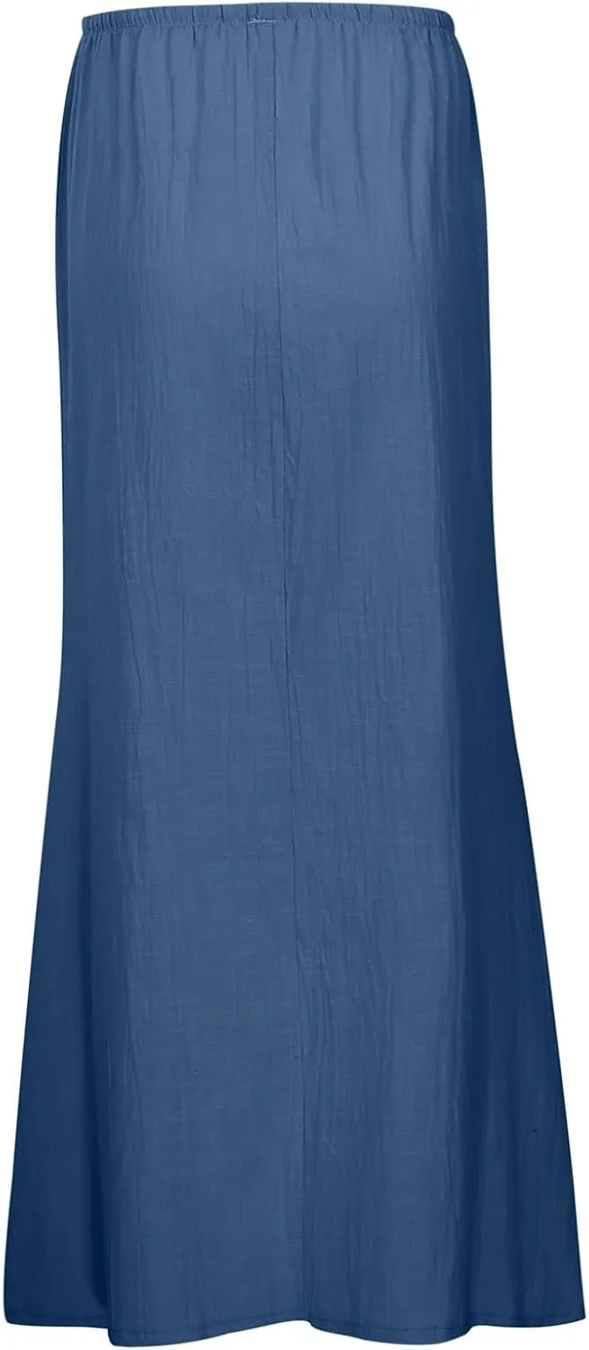 Cotton Linen Maxi Skirts for Women 2025 Summer Drawstring Low Rise A-Line Skirts Casual Loose Flowy Long Beach Skirt