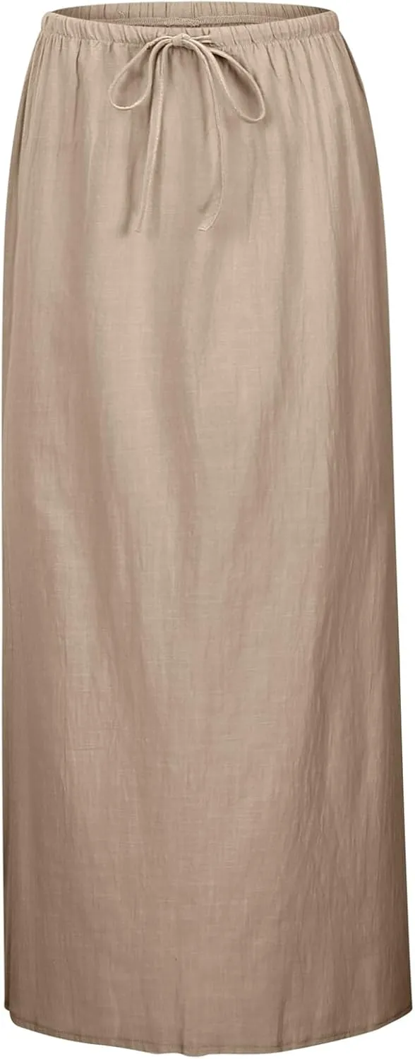 Cotton Linen Maxi Skirts for Women 2025 Summer Drawstring Low Rise A-Line Skirts Casual Loose Flowy Long Beach Skirt