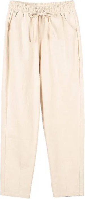 Cotton Linen Pants Women Casual High Waist Drawstring Baggy Trousers Straight Wide Leg Yoga Pants with Pockets