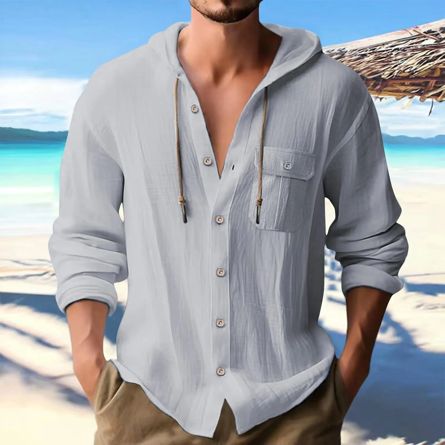 Cotton Linen Shirts for Men Drawstring Button Long Sleeve Tops with Hood Casual Breathable Summer Beach Hoodies
