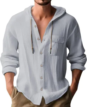 Cotton Linen Shirts for Men Drawstring Button Long Sleeve Tops with Hood Casual Breathable Summer Beach Hoodies