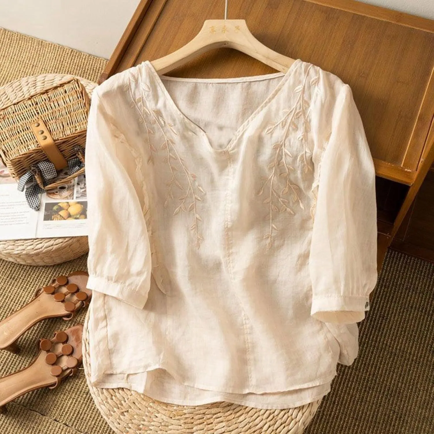 Cotton Linen Shirts for Women 2025 Trendy Summer Retro Embroidered 3/4 Sleeve Boho Blouse Dressy Casual Vacation Top