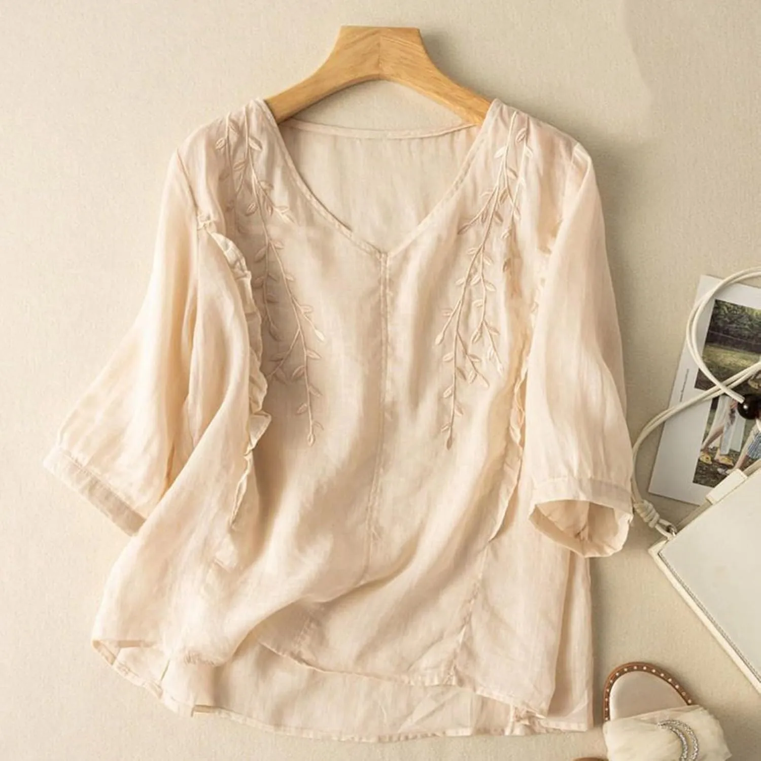 Cotton Linen Shirts for Women 2025 Trendy Summer Retro Embroidered 3/4 Sleeve Boho Blouse Dressy Casual Vacation Top