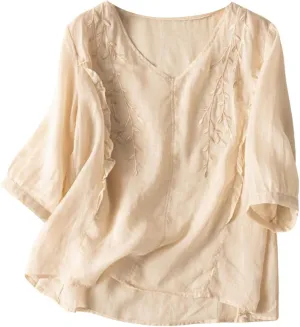 Cotton Linen Shirts for Women 2025 Trendy Summer Retro Embroidered 3/4 Sleeve Boho Blouse Dressy Casual Vacation Top