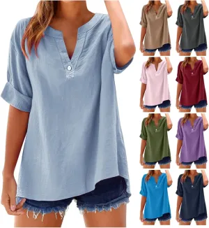 Cotton Linen Shirts for Women V Neck Button Down Blouse Loose Fit Oversized T Shirts Short Sleeve Casual Tops 2025