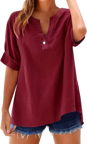 Cotton Linen Shirts for Women V Neck Button Down Blouse Loose Fit Oversized T Shirts Short Sleeve Casual Tops 2025