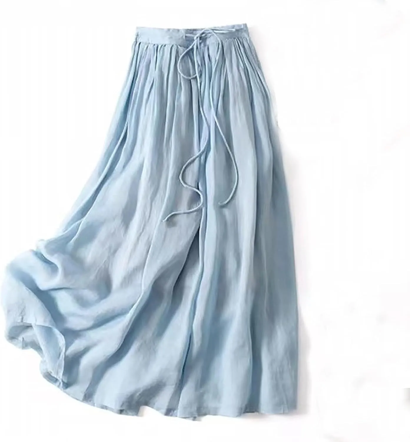 Cotton Linen Skirts for Women Summer Trendy Bohemian Drawstring Elastic Waist A-Line Flowy Swing Midi Long Skirts