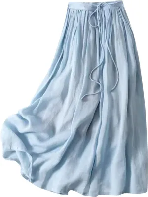 Cotton Linen Skirts for Women Summer Trendy Bohemian Drawstring Elastic Waist A-Line Flowy Swing Midi Long Skirts