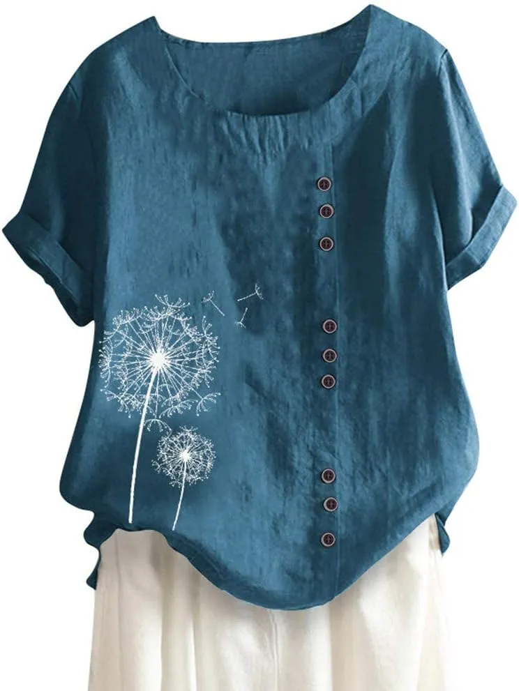 Cotton Linen Tops for Women Loose Fit Casual Roll Up Short Sleeve T-Shirt Cute Floral Print Blouse Summer Outfits