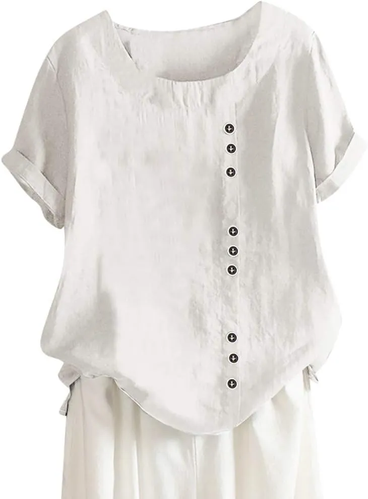 Cotton Linen Tops for Women Loose Fit Casual Roll Up Short Sleeve T-Shirt Cute Floral Print Blouse Summer Outfits