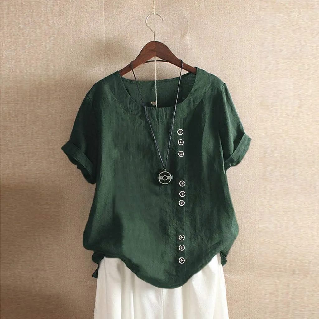 Cotton Linen Tops for Women Loose Fit Casual Roll Up Short Sleeve T-Shirt Cute Floral Print Blouse Summer Outfits