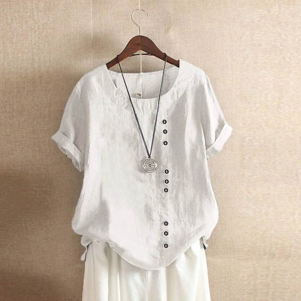 Cotton Linen Tops for Women Loose Fit Casual Roll Up Short Sleeve T-Shirt Cute Floral Print Blouse Summer Outfits