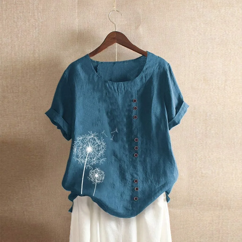 Cotton Linen Tops for Women Loose Fit Casual Roll Up Short Sleeve T-Shirt Cute Floral Print Blouse Summer Outfits