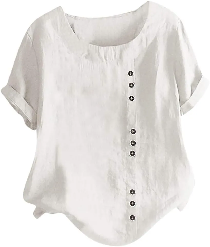 Cotton Linen Tops for Women Loose Fit Casual Roll Up Short Sleeve T-Shirt Cute Floral Print Blouse Summer Outfits