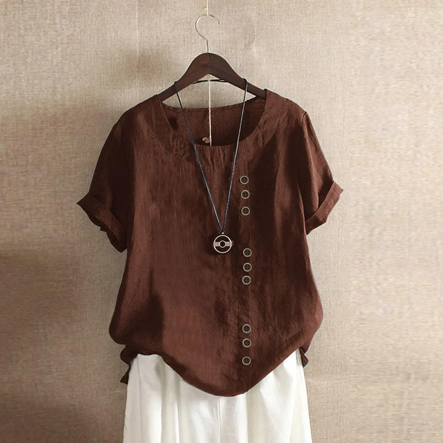 Cotton Linen Tops for Women Loose Fit Casual Roll Up Short Sleeve T-Shirt Cute Floral Print Blouse Summer Outfits