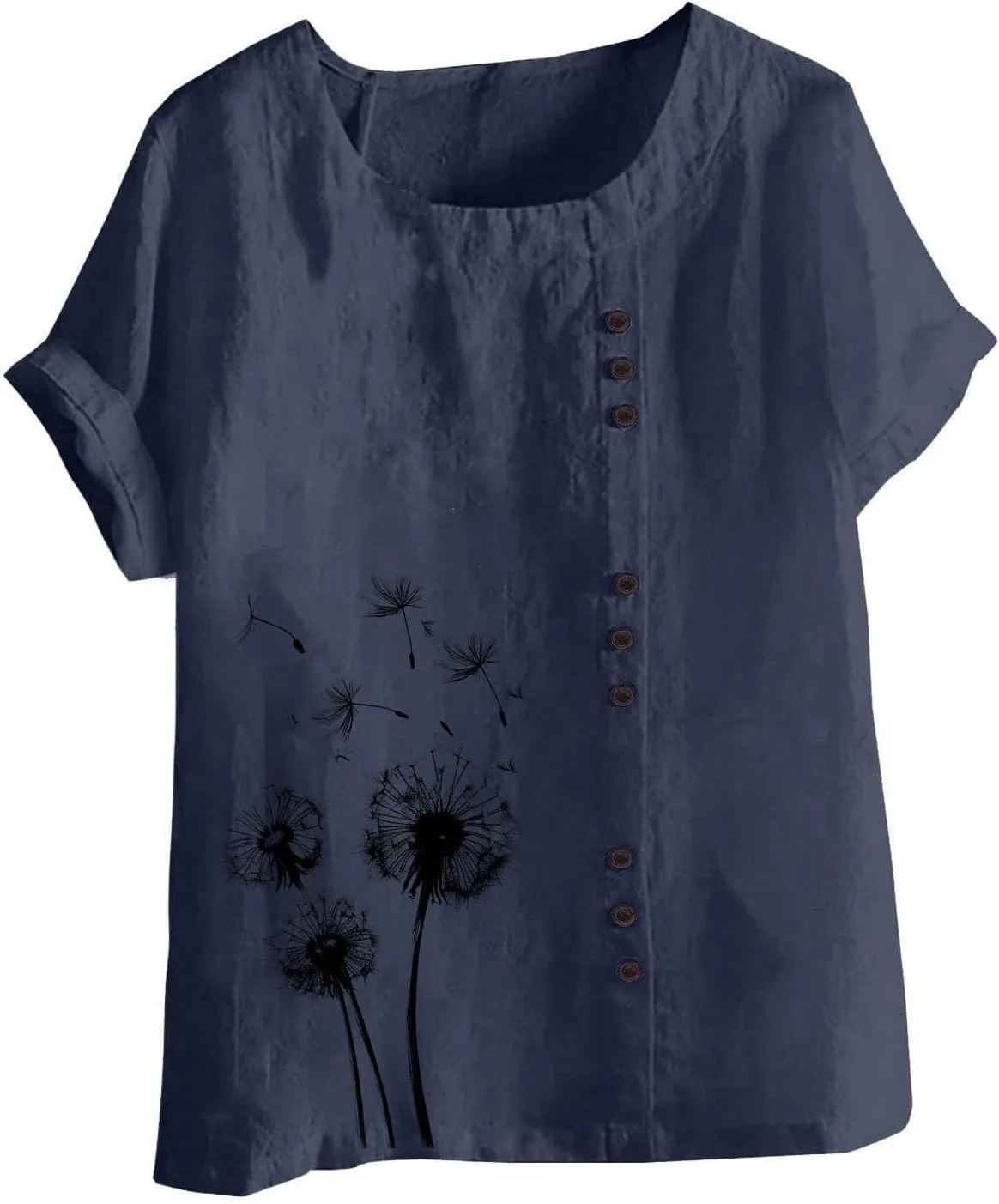 Cotton Linen Tops for Women Loose Fit Casual Roll Up Short Sleeve T-Shirt Cute Floral Print Boho Blouse 2025 Summer
