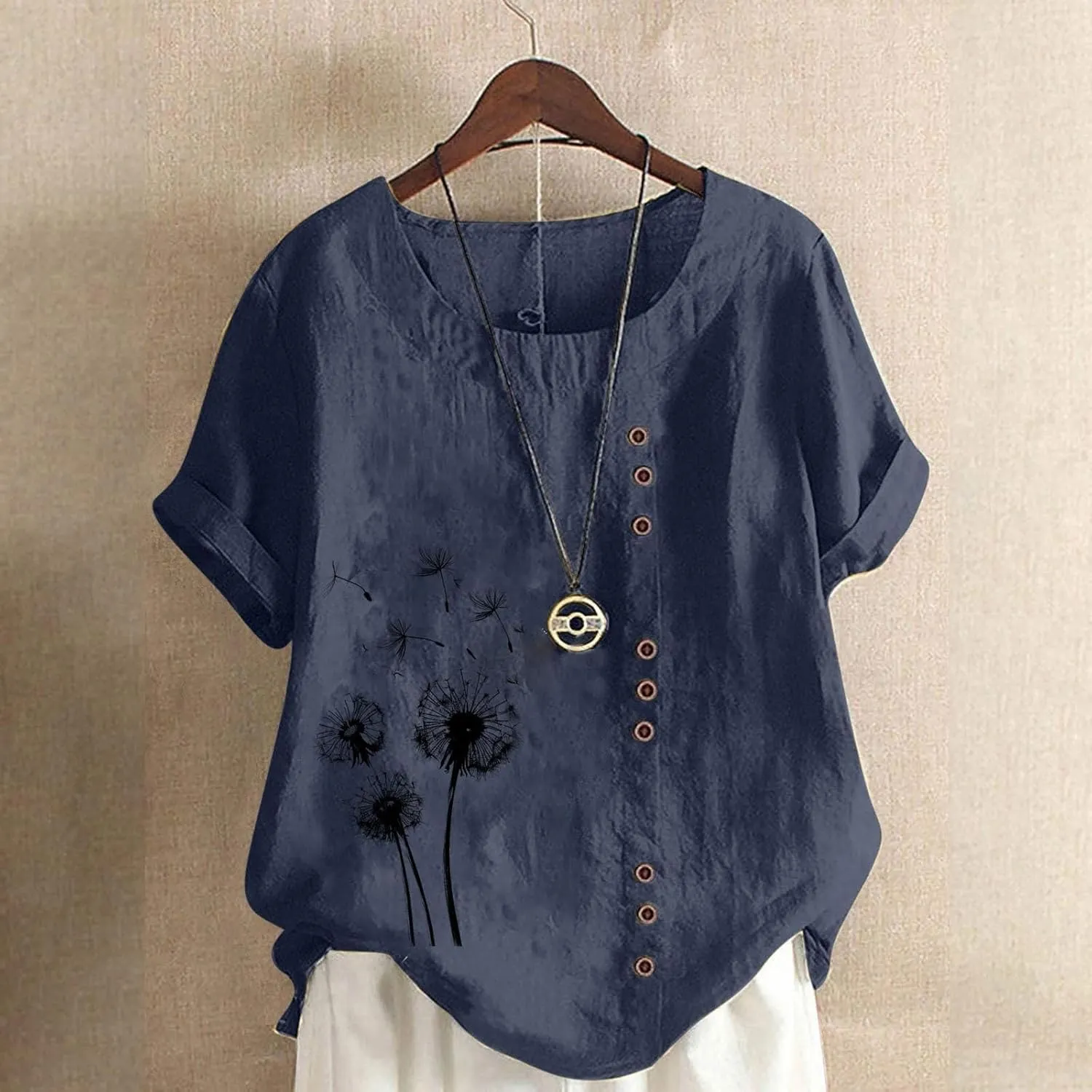 Cotton Linen Tops for Women Loose Fit Casual Roll Up Short Sleeve T-Shirt Cute Floral Print Boho Blouse 2025 Summer