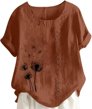 Cotton Linen Tops for Women Loose Fit Casual Roll Up Short Sleeve T-Shirt Cute Floral Print Boho Blouse 2025 Summer