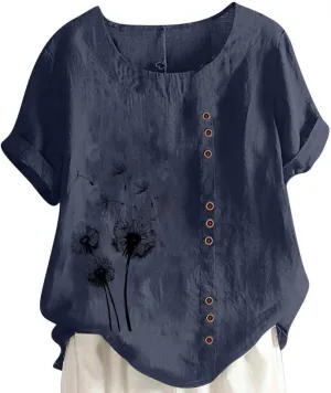 Cotton Linen Tops for Women Loose Fit Casual Roll Up Short Sleeve T-Shirt Cute Floral Print Boho Blouse 2025 Summer