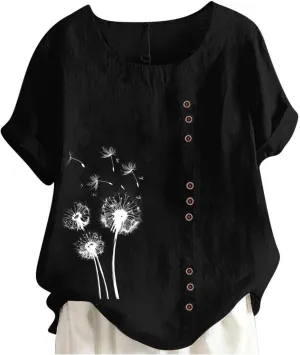 Cotton Linen Tops for Women Loose Fit Casual Roll Up Short Sleeve T-Shirt Cute Floral Print Boho Blouse 2025 Summer