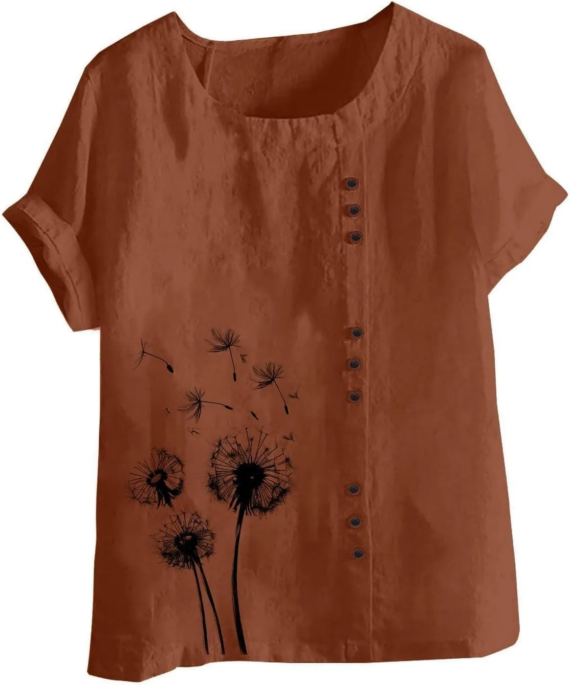 Cotton Linen Tops for Women Loose Fit Casual Roll Up Short Sleeve T-Shirt Cute Floral Print Boho Blouse 2025 Summer
