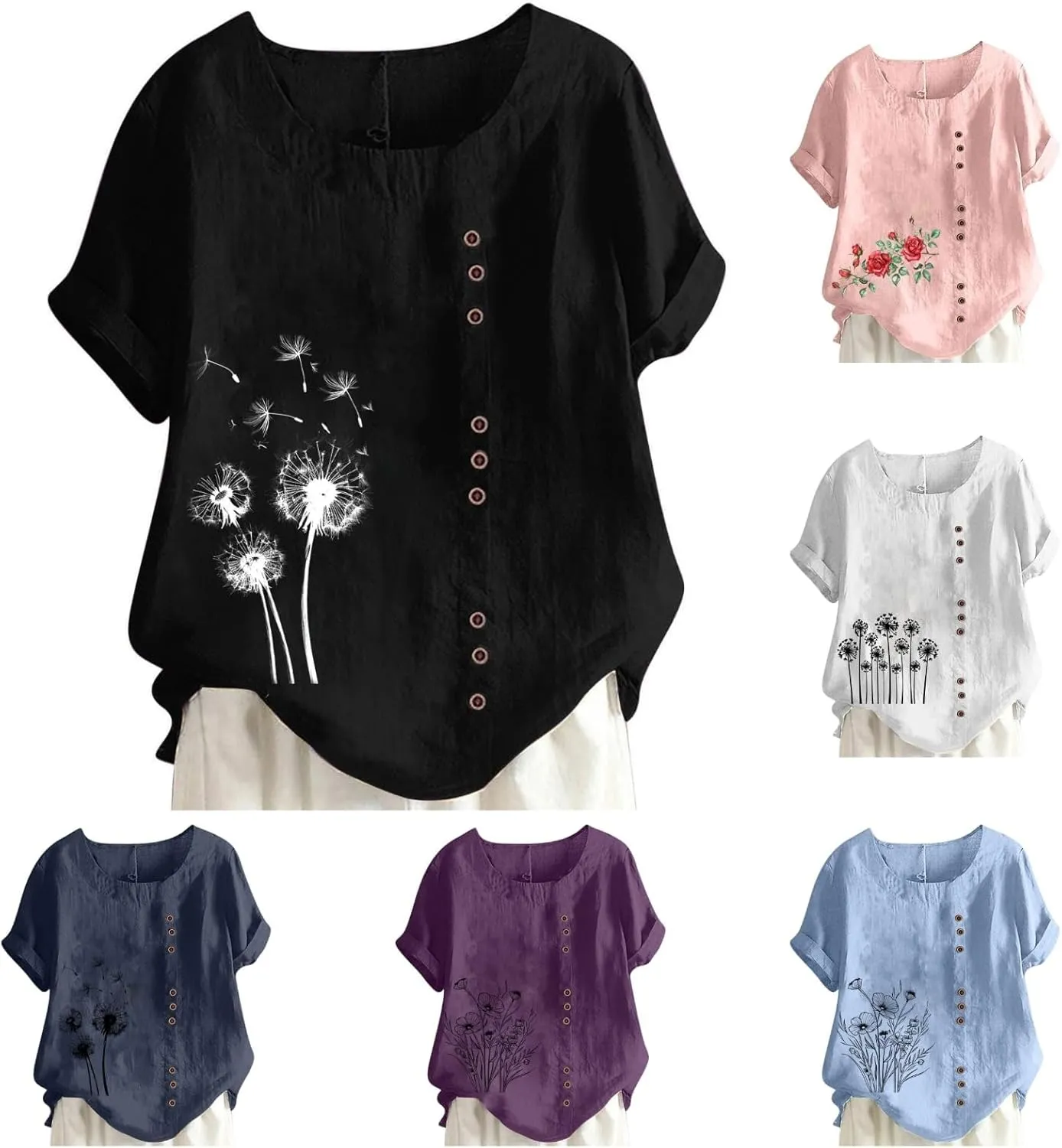 Cotton Linen Tops for Women Loose Fit Casual Roll Up Short Sleeve T-Shirt Cute Floral Print Boho Blouse 2025 Summer